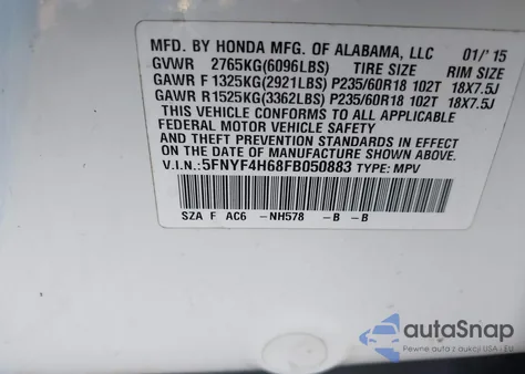 2015 Honda Pilot Ex-L из США, поврежденный, VIN 5FNYF4H68FB050883